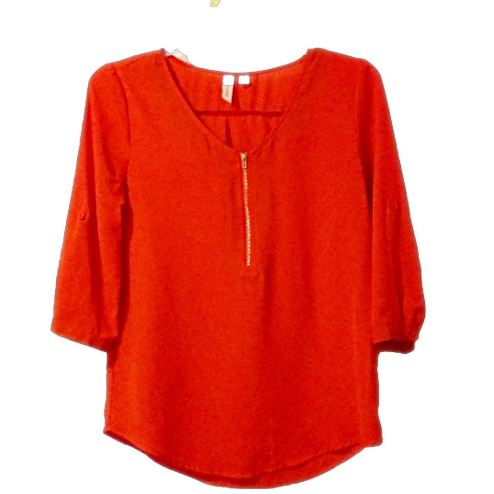 TACERA Orange Woven Zip Front V Neck Tab Sleeve Top Size M